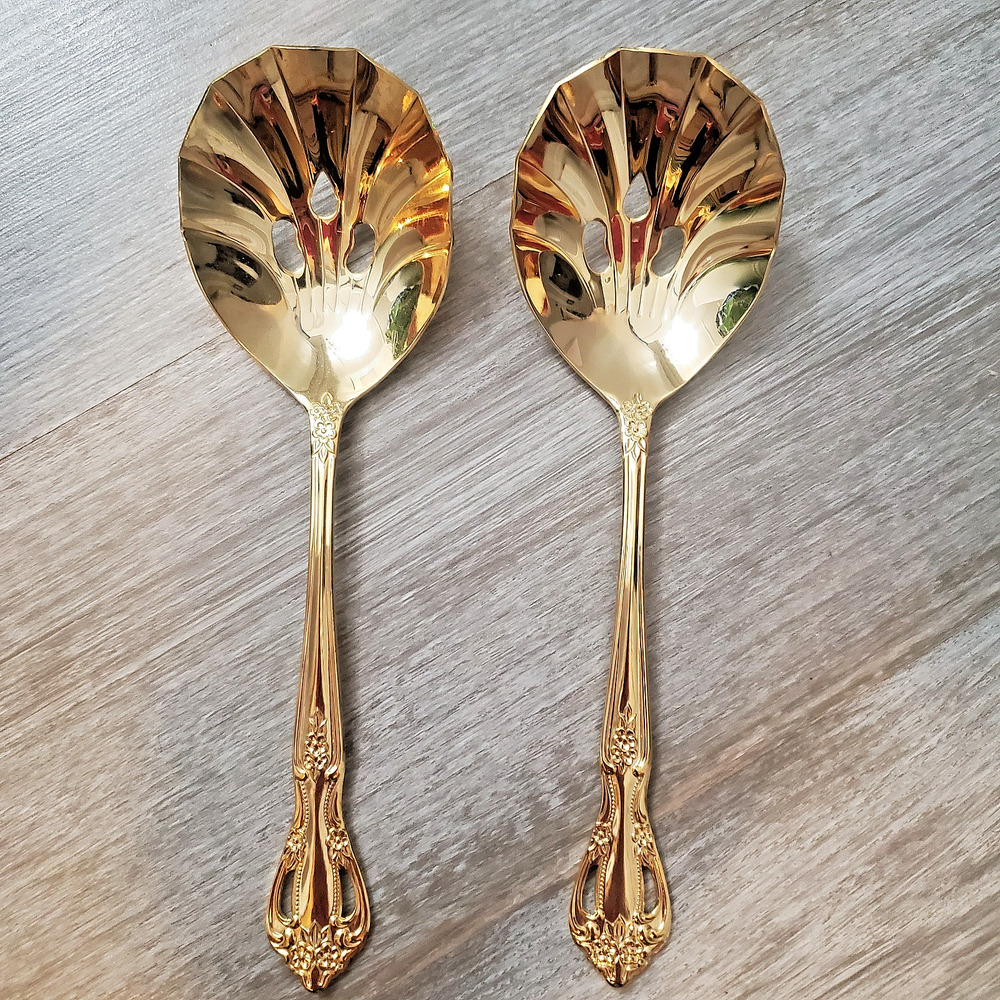 2 Farberware Gold Stainless Serving Spoons Vintage